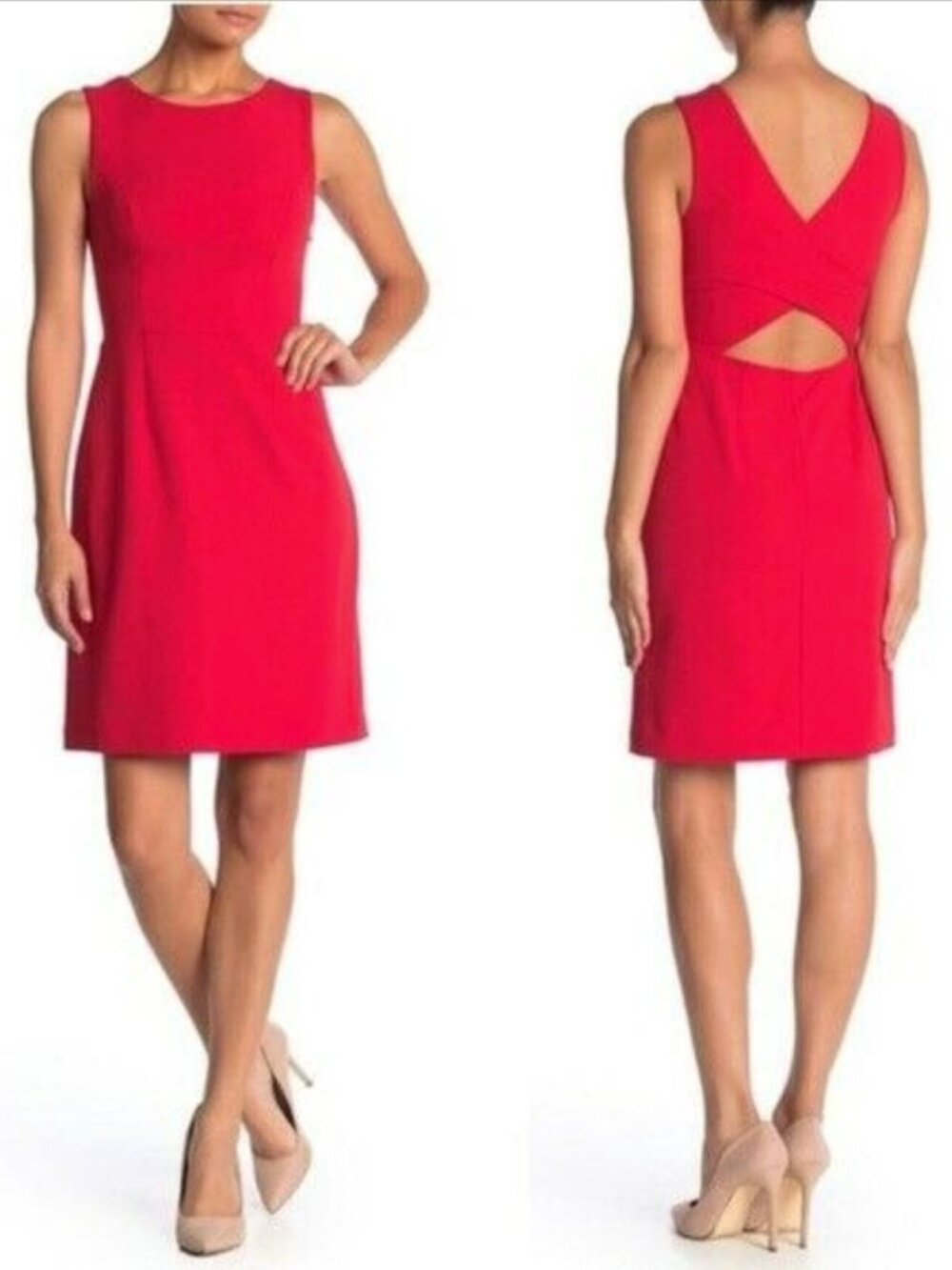 Betsey Johnson Red Sleeveless Sheath Dress Open Back Scuba Crepe with Lining